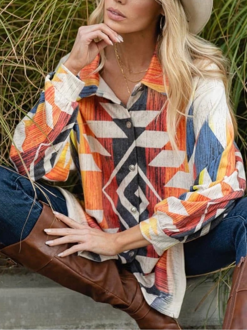 Women’s Aztec Print Button Up, Western Shirt, Boho Button Up, Size Small, Comfy!